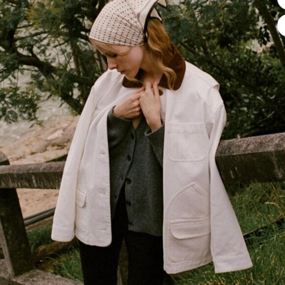 Doen Cream Workwear Jacket with Brown Collar